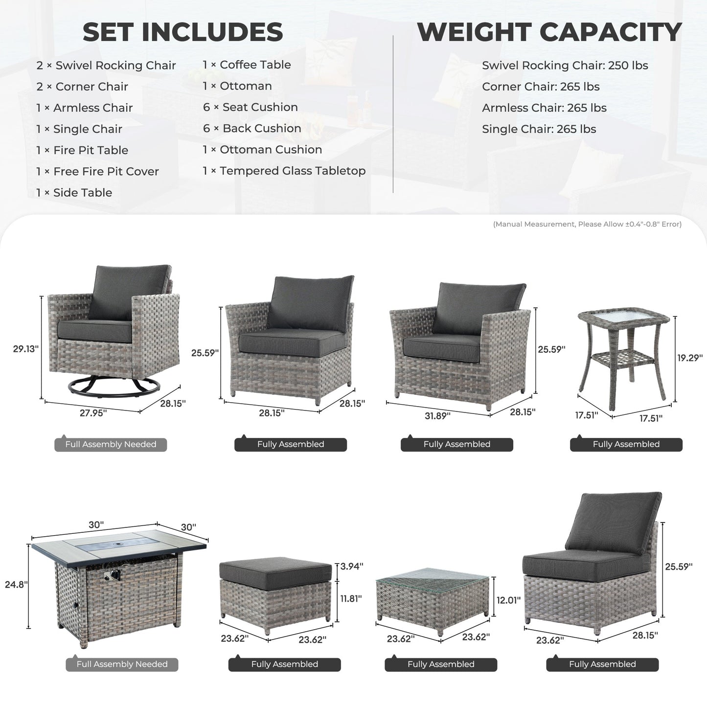 DEALMAKER Patio Furniture Outdoor Sectional Sofa Sets 10 Pieces no Assembly Required PE Wicker Big Size Patio Sofa with Cushion and Coffee Table