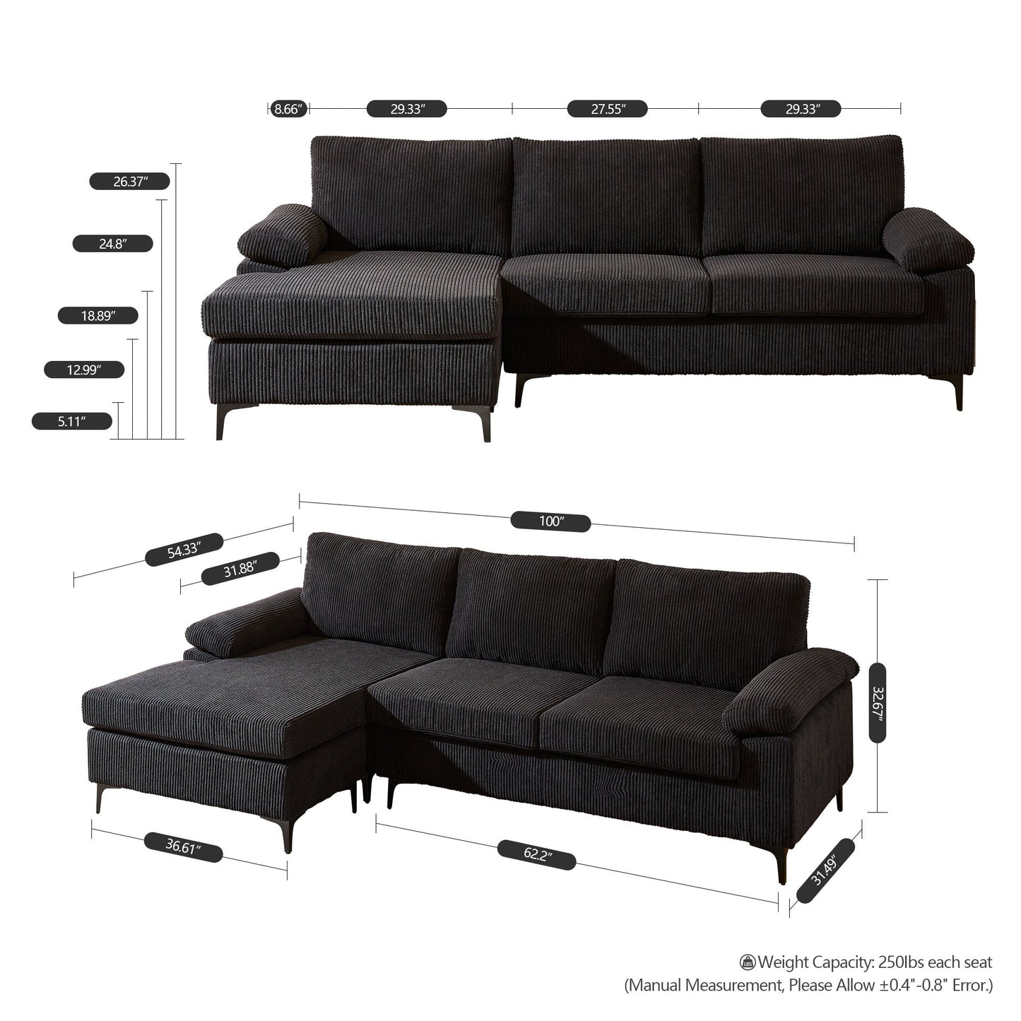 DEALMAKER Living Room Sofa Reversible Chaise 100" Wide with Ottoman