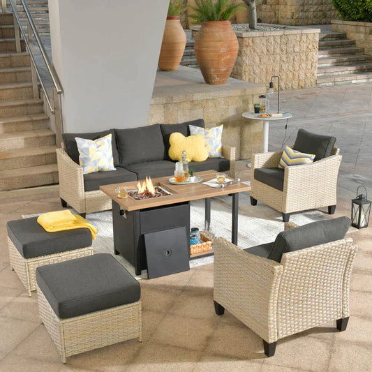 DEALMAKER Athena Series Outdoor Patio Furniture Set 6-Piece with 46'' Double Layer Rectangle Fire Pit Table