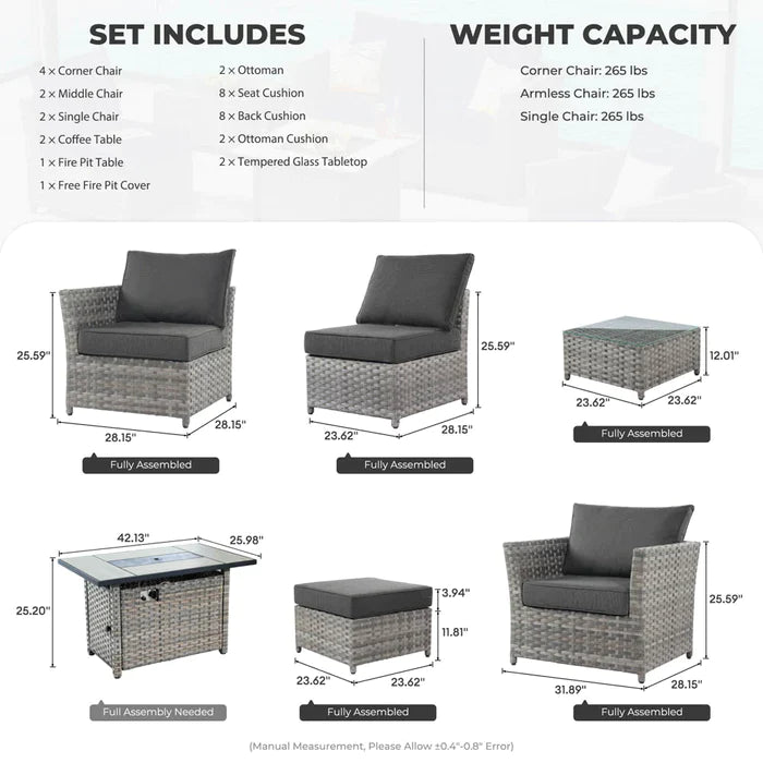 DEALMAKER Patio Furniture Set 12-Piece with 42"Rectangle Fire Pit Table Minimal Assembly