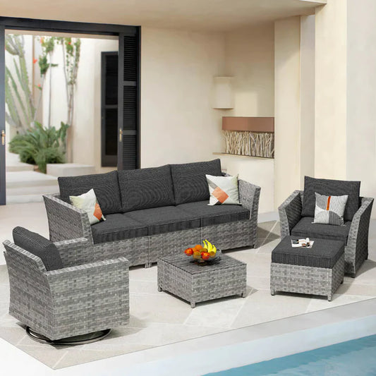 DEALMAKER New Rimaru Series Patio Furniture Set 7-Piece include Swivel Chairs Set Minimal Assembly